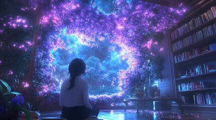 Fototapeta premium Bright Cosmic Garden View From Inside a Cozy Library With a Girl Enjoying the Magical Atmosphere at Night
