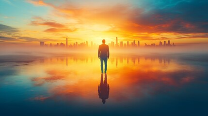 Man Stands at Water's Edge Reflecting on the Vibrant Sunrise Over the City Skyline With Hazy Clouds and Mist Enveloping the Scene