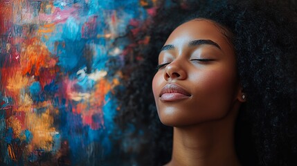 Portrait of a Woman With Closed Eyes in Front of a Vibrant Abstract Background Filled With Color and Texture, Showcasing Serenity and Beauty