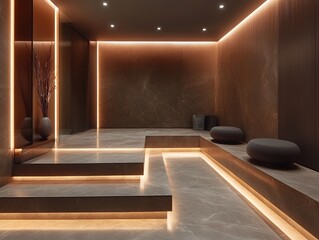Modern Interior Design of a Tranquil Relaxation Space Featuring Sleek Lines and Warm Lighting for a Serene Atmosphere
