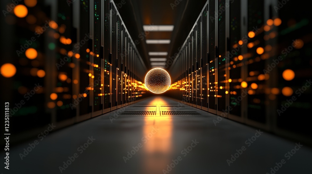 Aufkleber A server room equipped with server computers and a data HUD in 3D rendering
