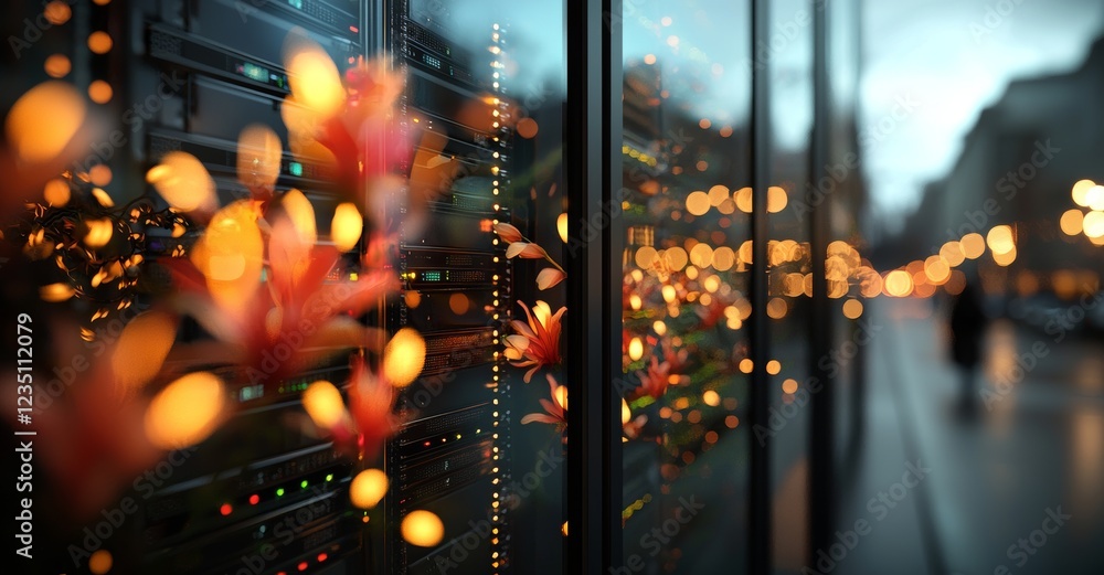 Poster cloud computing and data storage visualized in 3d, with the server situated in a datacenter