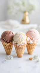 Close-up of a melting scoop of berry ice cream in a glass dish, captured in soft, natural light