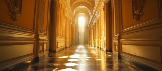 Obraz premium Elegant golden hallway with sunlight streaming through, showcasing intricate architecture