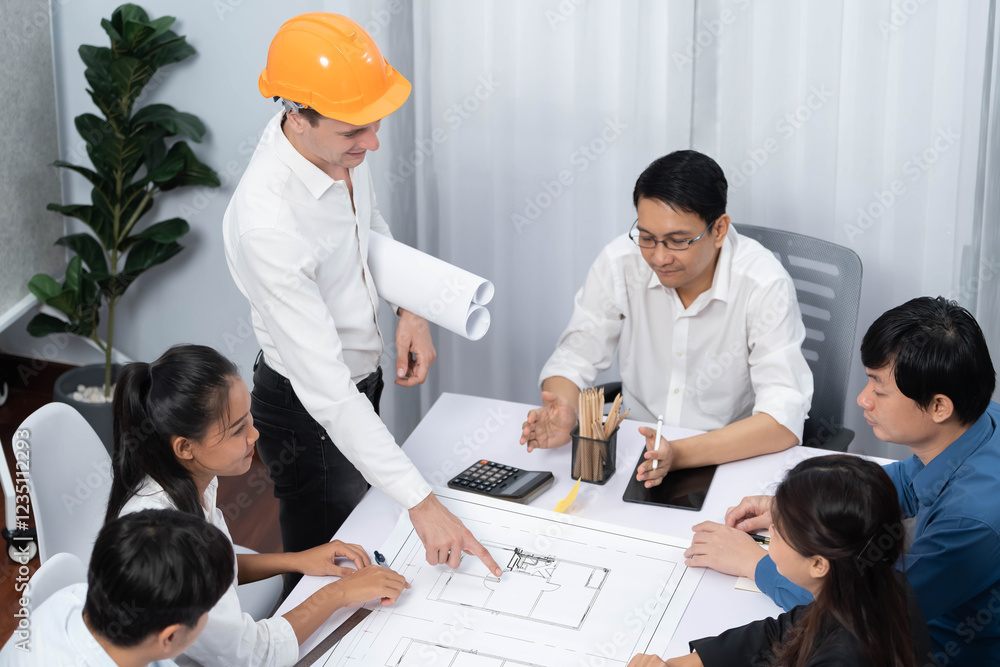 Aufkleber diverse group of civil engineer and client working together on architectural project, reviewing cons