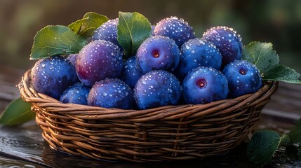 A basket of blue plums with a few leaves on top