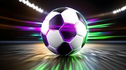Naklejka premium Glowing Soccer Ball In Motion On Dark Field