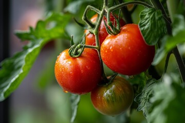 Three tomatoes, ripe and plump, cling to a green branch
