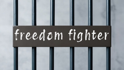 inscription "freedom fighter" against the background of prison bars, symbolizing hope and desire for liberation and new opportunities