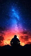 Silhouette of a person meditating under a vibrant night sky filled with stars. Peaceful, serene moment.
