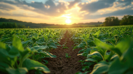 Naklejka premium Rows of sunflowers stretching towards the horizon