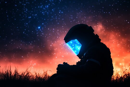 Silhouetted figure in a helmet sits in a field under a vibrant night sky, gazing at the stars.