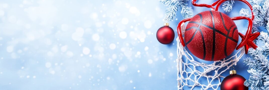 Christmas Basketball Net with Ornaments and Copy Space - A festive basketball net adorned with a red basketball and ornaments symbolizing holiday cheer, sports, celebration, joy, and creativity.