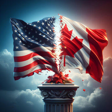 Tens&atilde;o Comercial entre EUA e Canad&aacute; com Impacto no USMCA. Bandeira Estados Unidos e Canad&aacute; rompendo