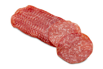Sliced salami isolated, slices of salami on white background