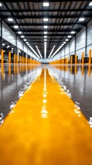 Fototapeta premium Bright yellow lines on a gleaming warehouse floor create a striking perspective. The reflective surface mirrors the industrial architecture above.