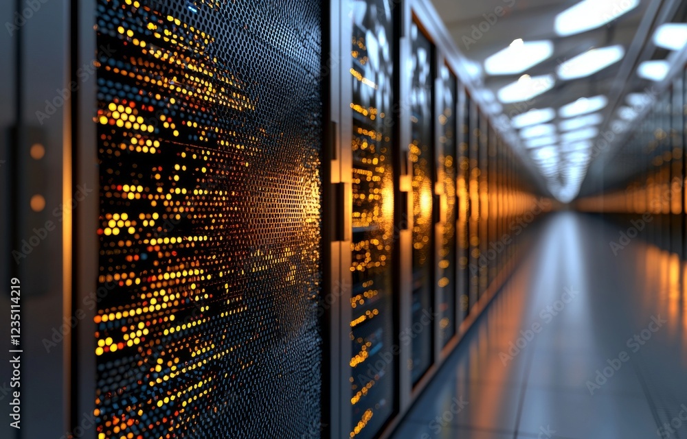 Aufkleber servers in a data center room bathed in bright bokeh light filtering through the corridor
