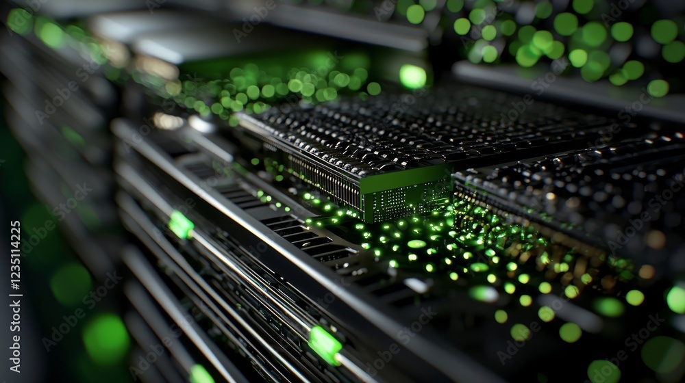 Poster camera slowly pans through a data center, capturing server equipment with flashing light indicators,