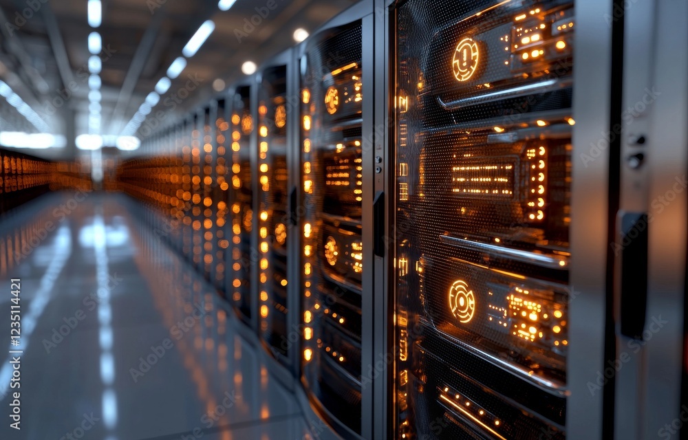 Poster connection network and storage systems in a server room, 3d rendering
