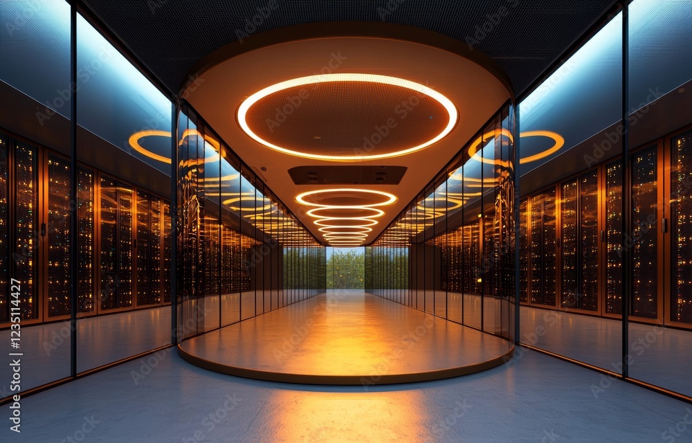 Poster 3d rendering of a server room with connection network and storage systems