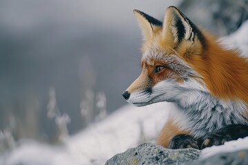 Obraz premium A red fox on the summit of Mt. Washington