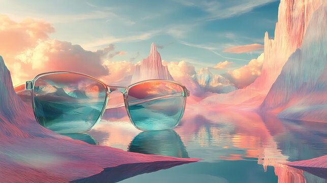 Metaphysical mirage: surreal glasses, illusory water forms, dreamlike landscapes, ethereal tones. illusory. illustration. Ethereal Landscape. Illustration