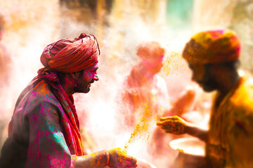 Fototapeta premium Hindus celebrate Holi by throwing colorful gulaal at each other, generative AI