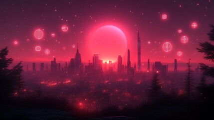 Futuristic Cityscape Underneath a Crimson Moon and Glowing Orbs