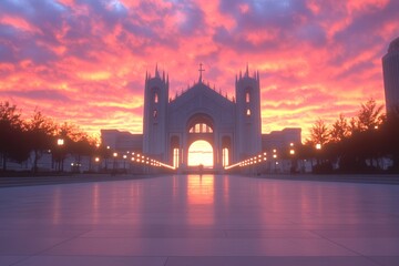 Obraz premium Majestic cathedral silhouetted against a vibrant sunrise. The warm hues paint the sky in breathtaking colors.