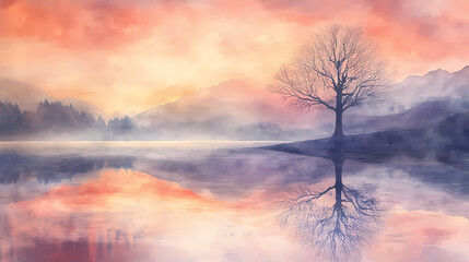 Naklejka premium Serene sunrise reflections: a lone tree stands sentinel as dawn paints the sky and tranquil lake in delicate hues, a watercolor masterpiece of nature's quiet beauty. Ethereal Landscape. Illustration