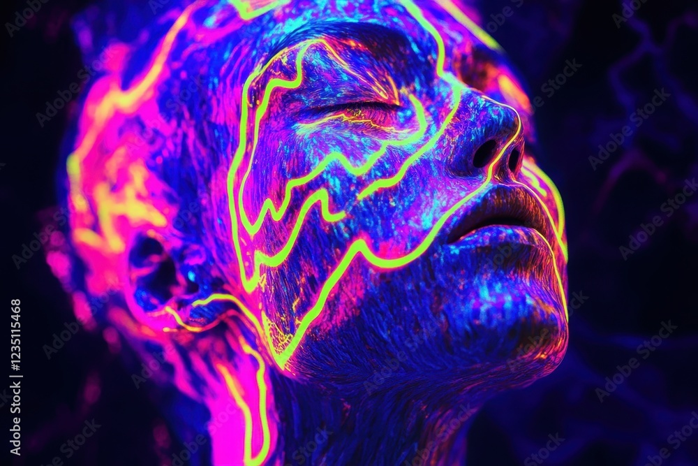 Poster vibrant neon face art showcasing intricate patterns and colors in a dark setting