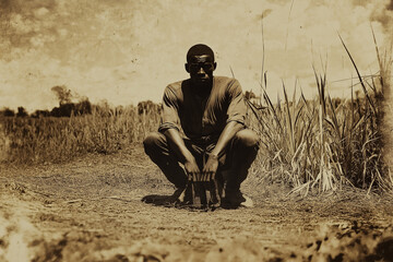 old photo of a poor starving black slave from Africa from colonial times sitting on an American plantation, generative AI