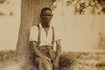old photo of a poor starving black slave from Africa from colonial times sitting on an American plantation, generative AI