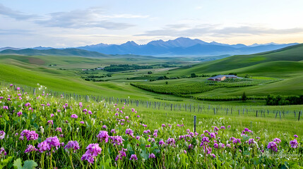 Fototapeta premium Purple wildflowers bloom in a lush green meadow with rolling hills and distant mountains under a soft morning sky.
