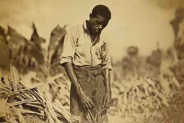 old photo of poor starving black slave from african colonial times hard working on american plantation, generative AI