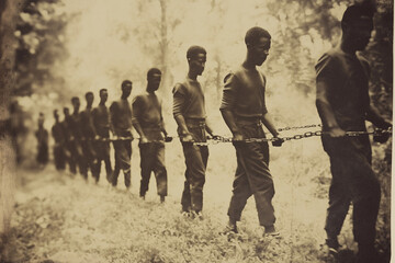 an old photo of poor, starving black slaves from colonial Africa being led in chains to hard labor on an American plantation, generative AI
