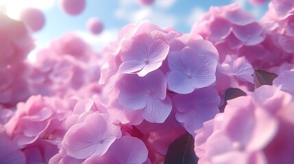 Fototapeta premium Delicate Pink Hydrangea Blossoms Under a Sunny Sky