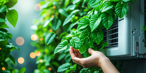 Hand nurturing plants with air purifier in background, concept of clean and fresh air