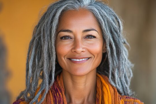 Portrait of a smiling middle-aged woman with gray dreadlocks.  She's wearing an orange scarf and exudes confidence and warmth.