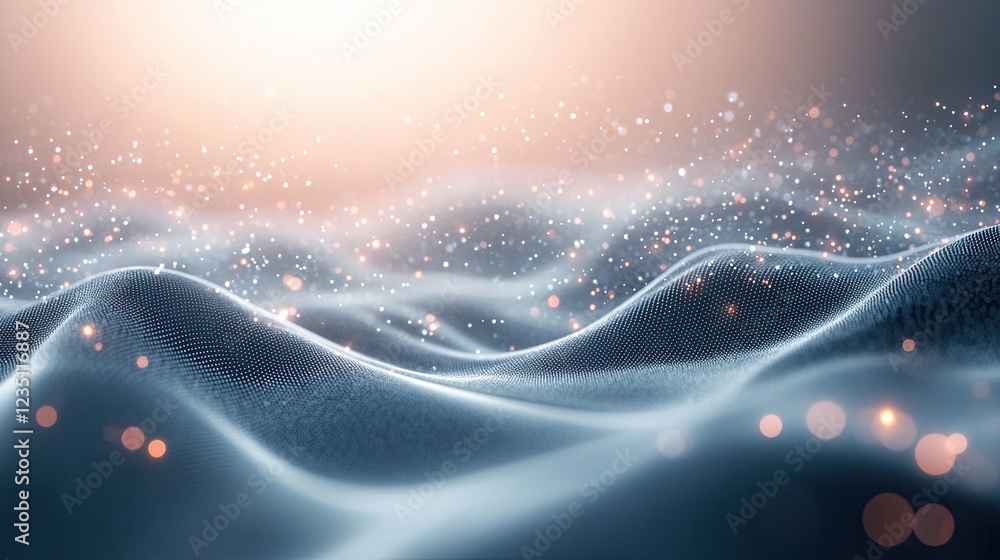 Poster wave of particles on white background with abstract interlacing lines and points for tech designs.