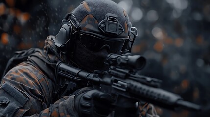 Obraz premium A soldier in tactical gear aims a rifle, showcasing military readiness in a dramatic setting.