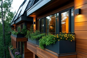 Fototapeta premium Modern apartment building with balconies and lush greenery. Warm lighting enhances the contemporary design.