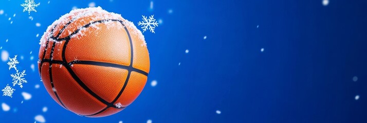 Winter Basketball with Snowflakes Background - A vibrant orange basketball floating against a blue background, adorned with snowflakes and a touch of frost, symbolizing a winter sports theme.