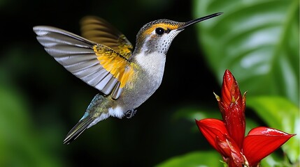 Fototapeta premium Vibrant hummingbird in flight, wings spread wide, showcasing iridescent plumage. Sharp detail captures intricate feathers and a blurred background emphasizes the birds speed and agility.