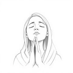 pencil drawing of a girl with beautiful hair, hands clasped in prayer