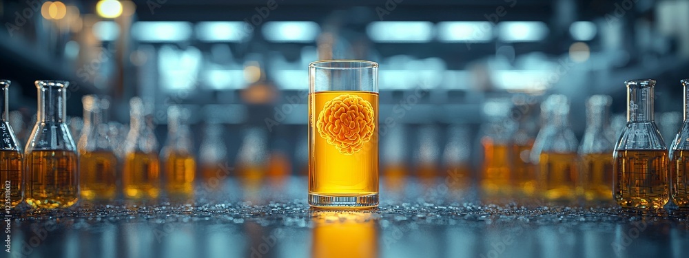 Aufkleber a beaker and flask in a science laboratory with a blue banner background displaying chemical structu