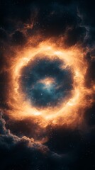 Fototapeta premium Fiery cosmic ring. A mesmerizing blend of fiery orange and deep blue hues creates a breathtaking celestial spectacle.
