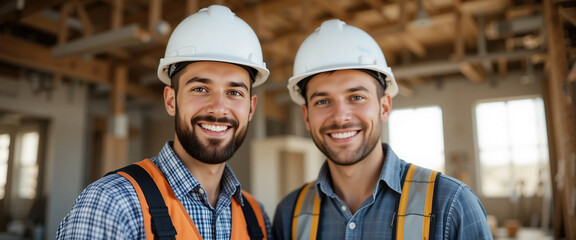 two handsome site engineers with white color hardhats, happy smile and looking at the camera inside a construction building site  