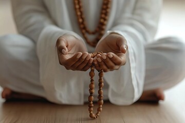 Close-up of hands holding prayer beads on a colorful prayer rug during Ramadan, AI generated image