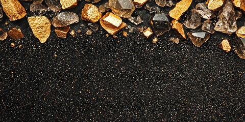 Fototapeta premium Gold nuggets and crystals on black sand create a striking natural border
